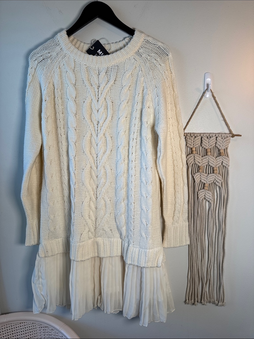 NWT MINSURE Cream Ivory Cable Knit Sweater Tunic Top or Dress with Pleated Hem S